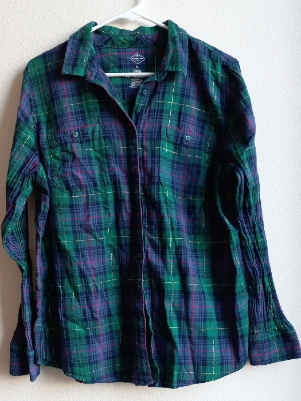 St. John's Bay Green and Navy Plaid Flannel Shirt